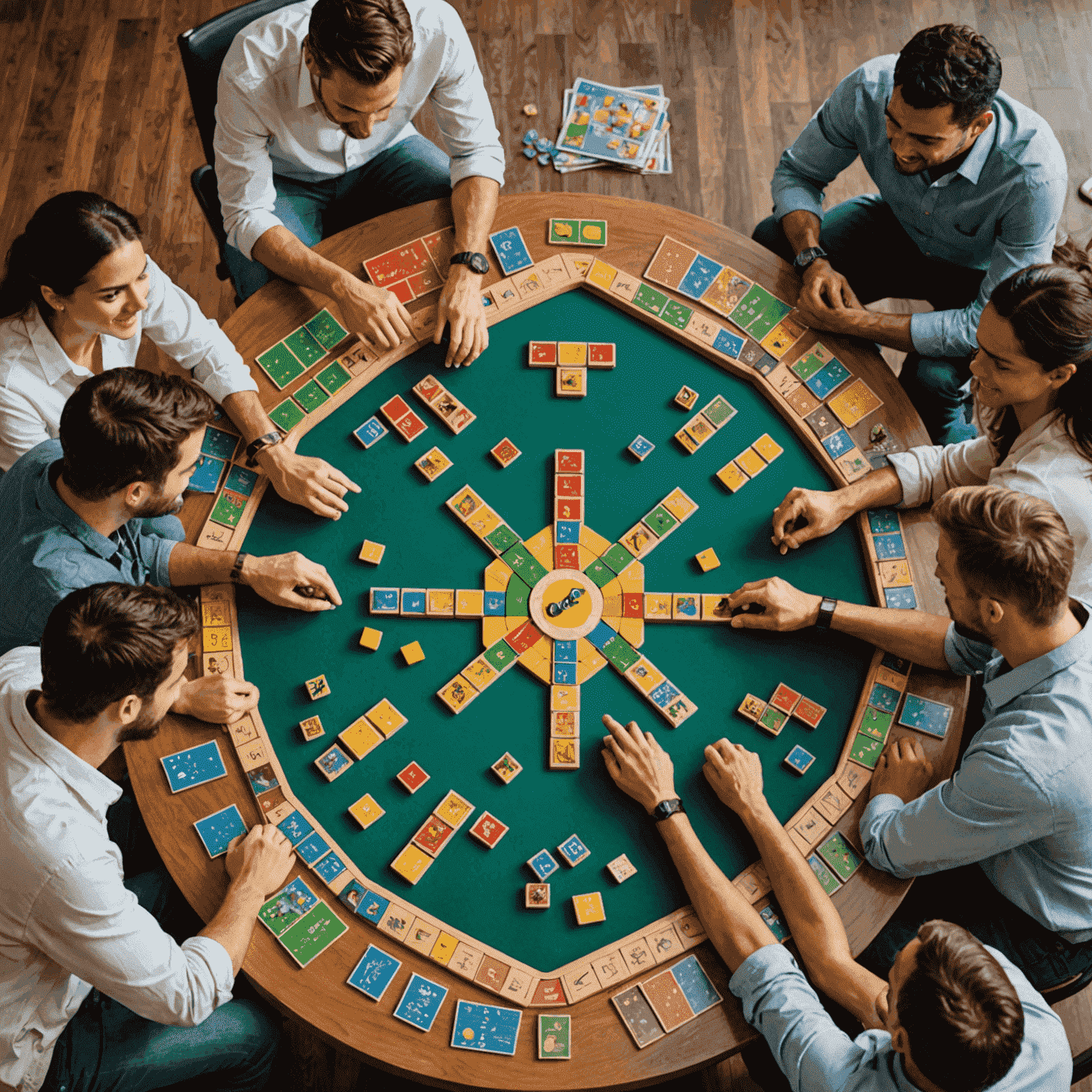 The Qumroq team gathered around a table, playing a complex strategy board game. The image showcases a diverse group of individuals, all engaged in the game with expressions of concentration and enjoyment. The table is covered with colorful game pieces, cards, and an intricate game board.