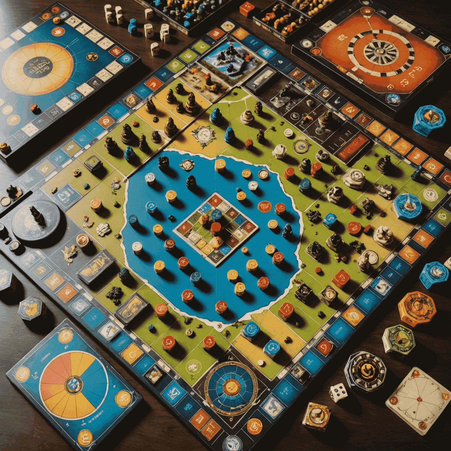 Various strategy board games laid out on a table, showcasing intricate game pieces and colorful boards. The image highlights the complexity and visual appeal of modern strategy games.