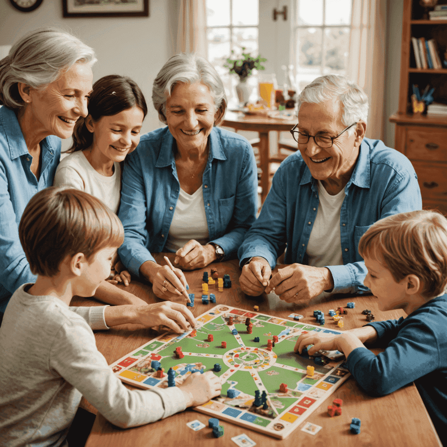 A family gathered around a table, playing a board game. The image shows people of different ages, from children to grandparents, all engaged and smiling while interacting with colorful game pieces.