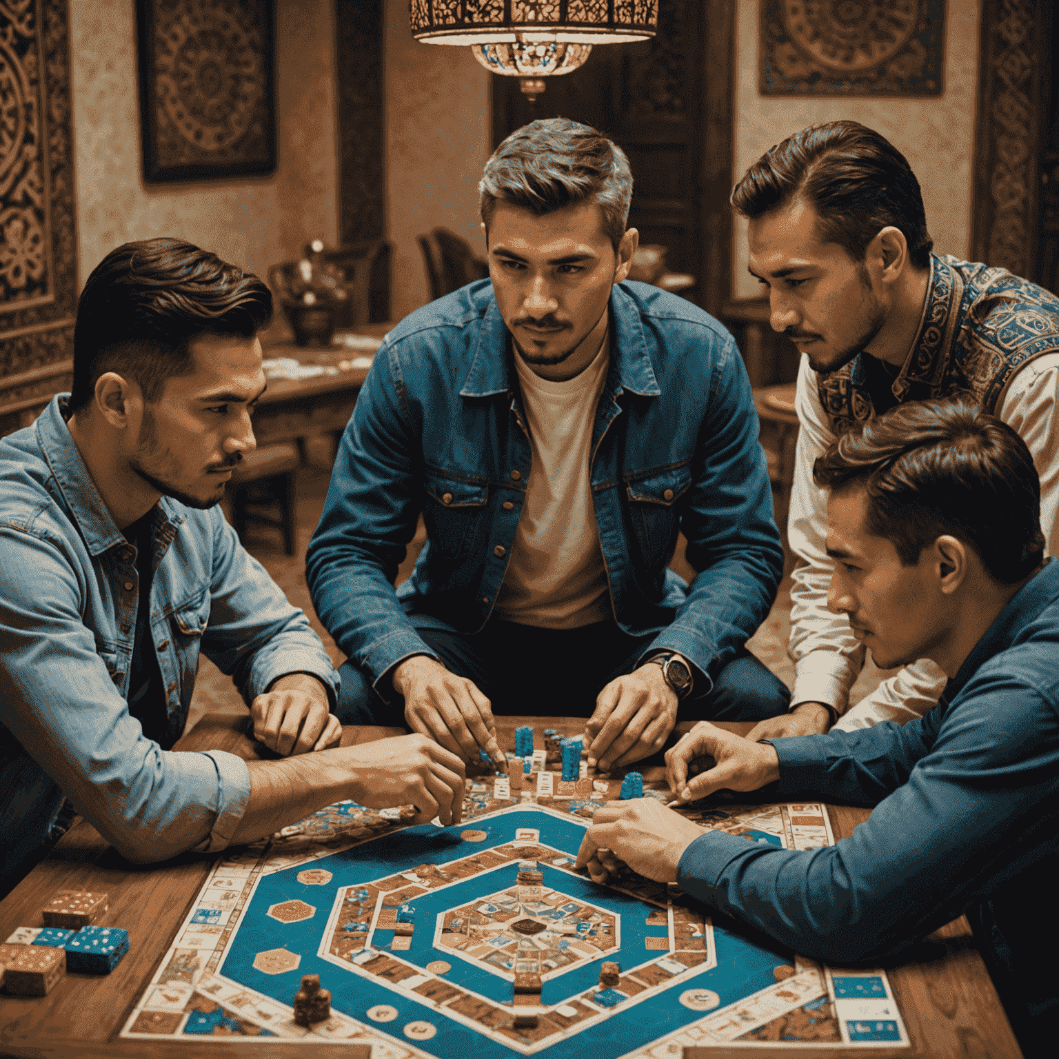A group of diverse friends gathered around a table, engrossed in a cooperative board game. The game board is intricate, featuring a mix of traditional Uzbek patterns and futuristic elements. Players are seen discussing strategy and working together.