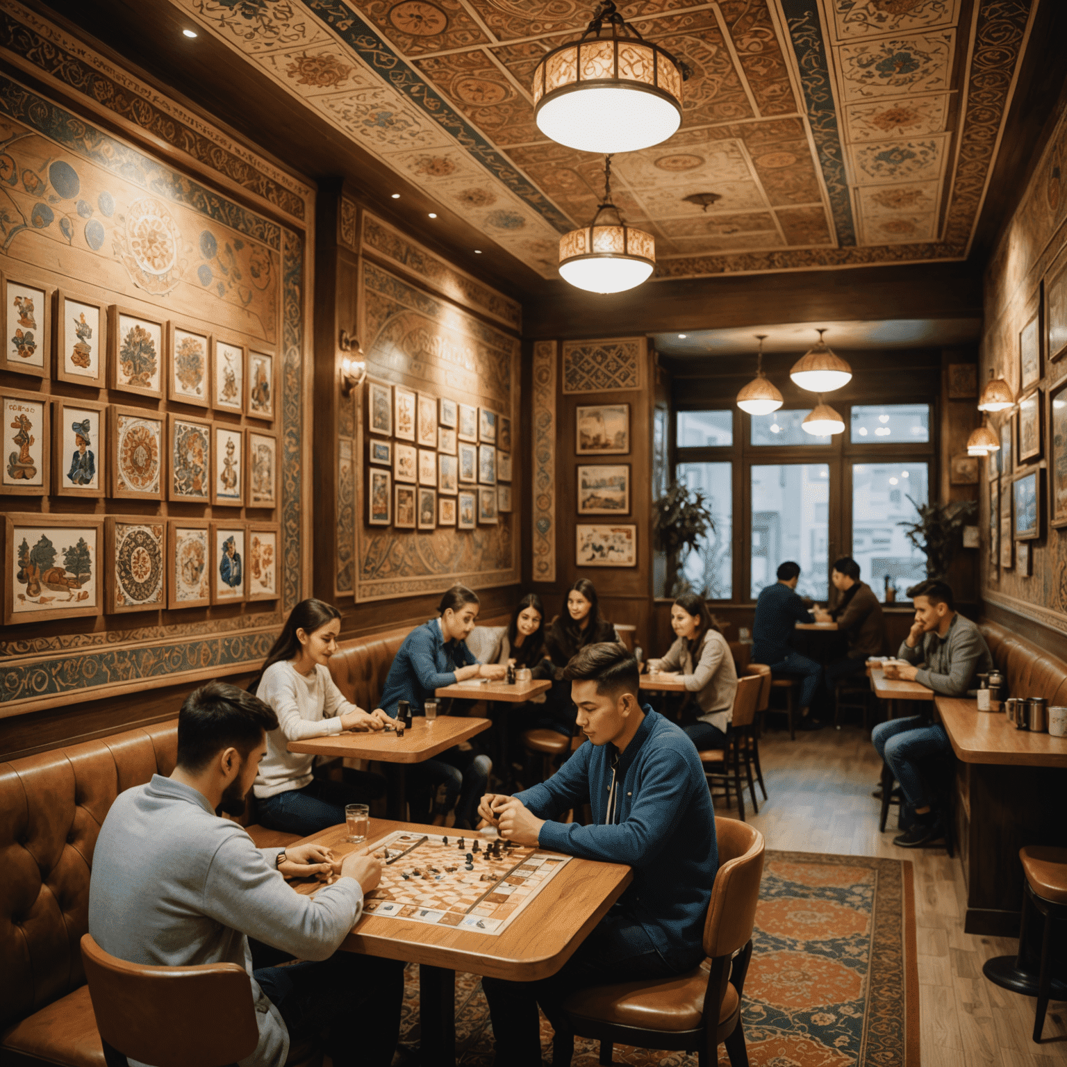 A cozy board game cafe in Tashkent with players enjoying various games at tables. Traditional Uzbek patterns decorate the walls, while modern game shelves line the background.