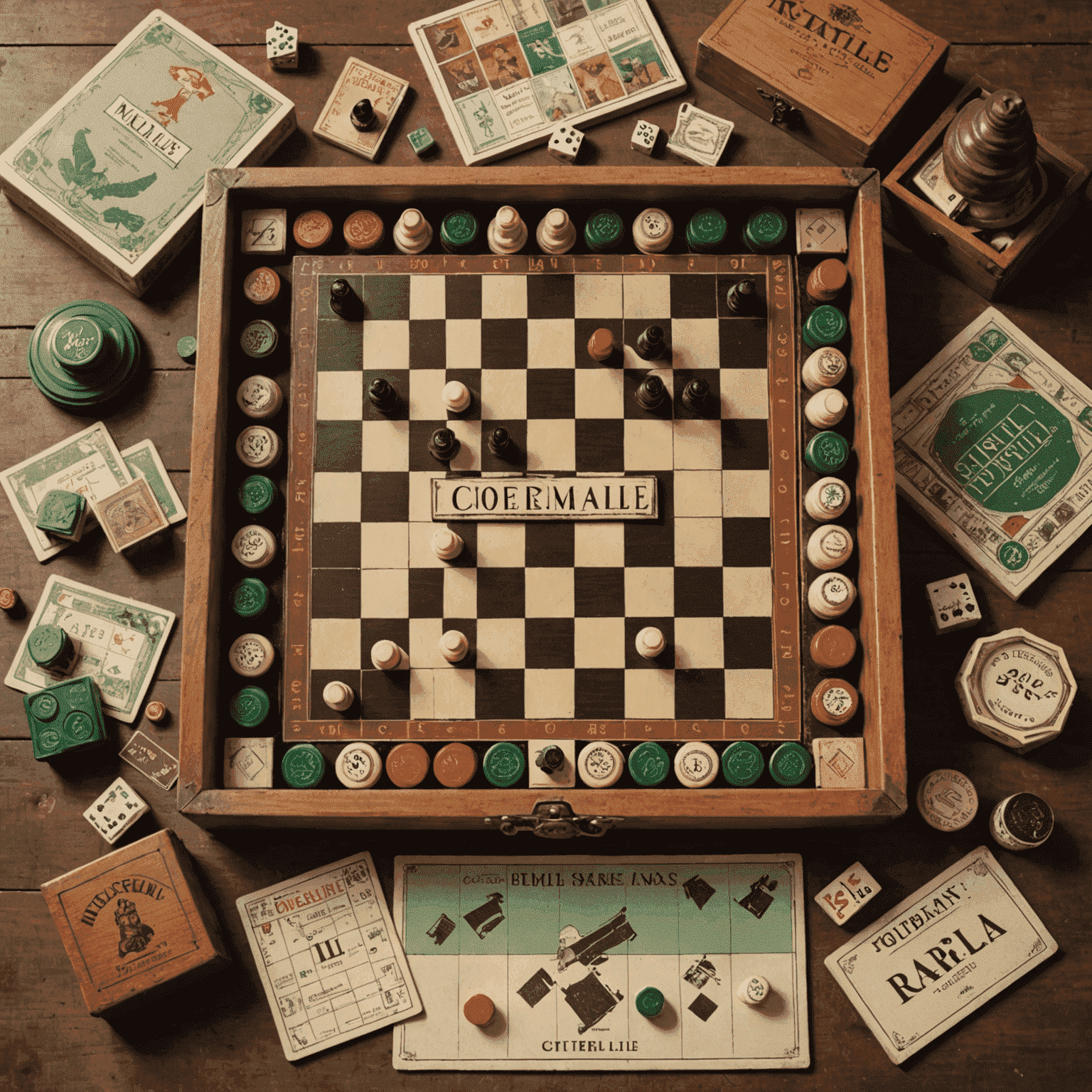 A collection of classic board games including Chess, Monopoly, and Scrabble, arranged in a nostalgic setting with vintage game pieces and worn boxes, emphasizing their timeless appeal.