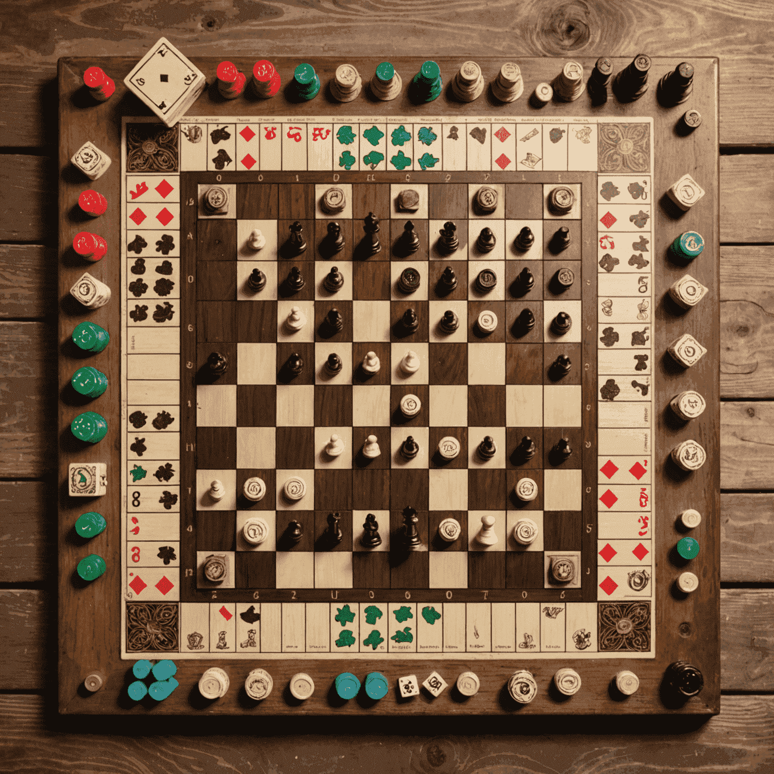Montage of classic board games including Chess, Monopoly, and Scrabble, arranged on a vintage wooden table