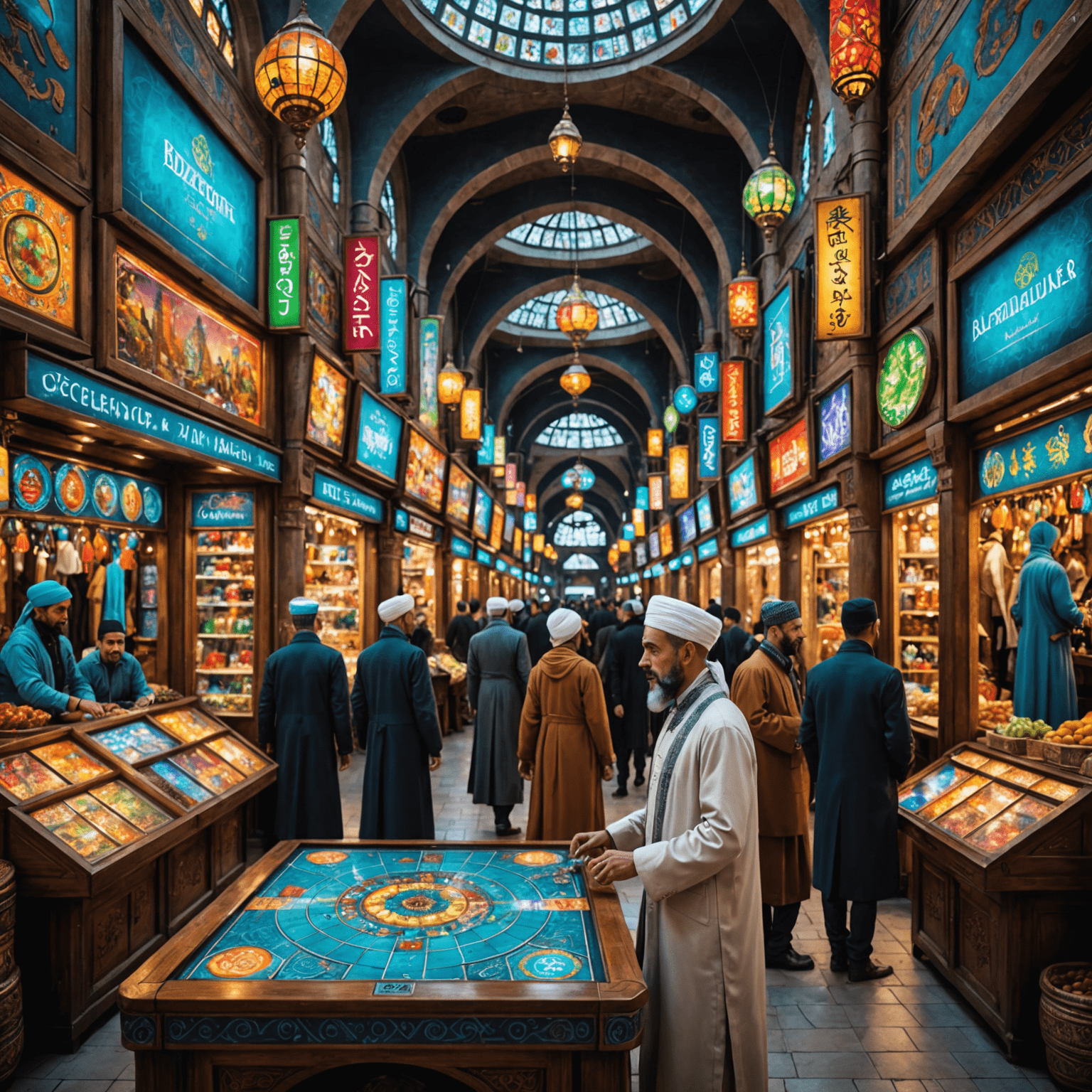A game board depicting a grand bazaar with futuristic elements. The market stalls are adorned with holographic displays, while traders wear clothes that mix traditional Uzbek attire with high-tech accessories.