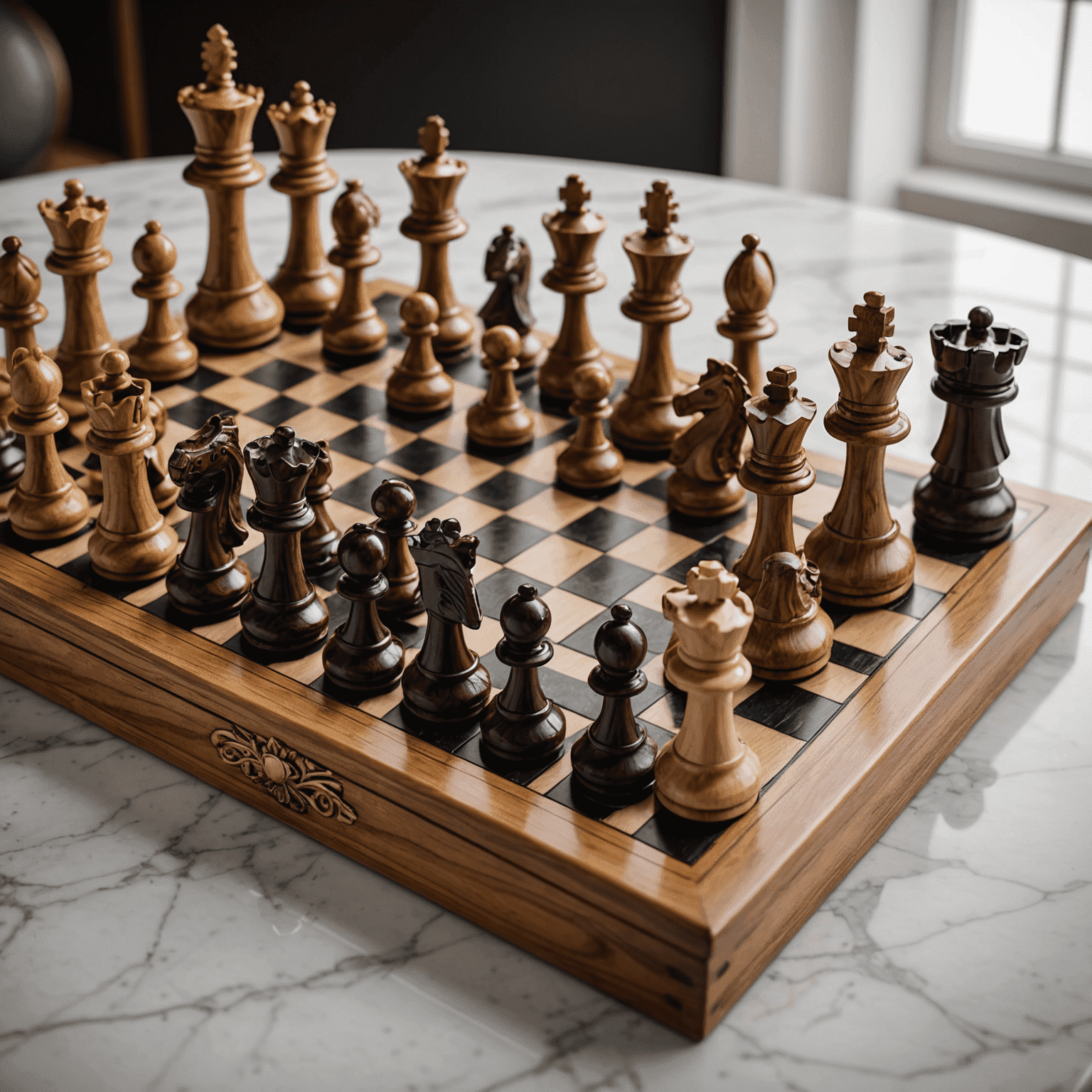 A beautifully crafted wooden chess set with intricately designed pieces, placed on a marble table with soft lighting, emphasizing the game's elegance and timeless appeal