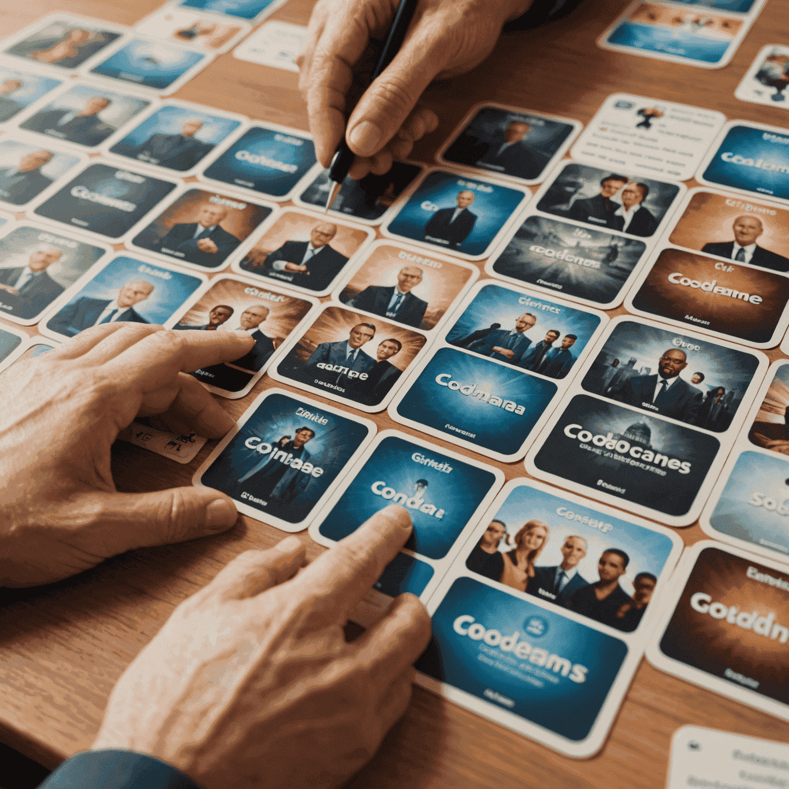 Close-up of the Codenames game board with word cards laid out in a grid. Hands of players can be seen pointing at different cards, suggesting discussion and teamwork.