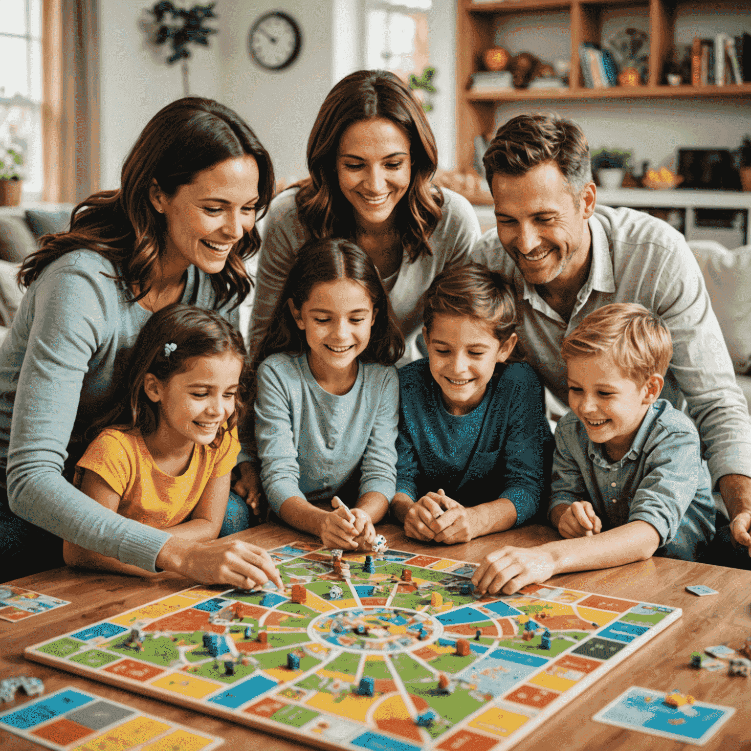 A happy family gathered around a table playing a colorful board game. The image shows a mix of adults and children, all engaged and smiling, with various family-friendly board games visible in the background.
