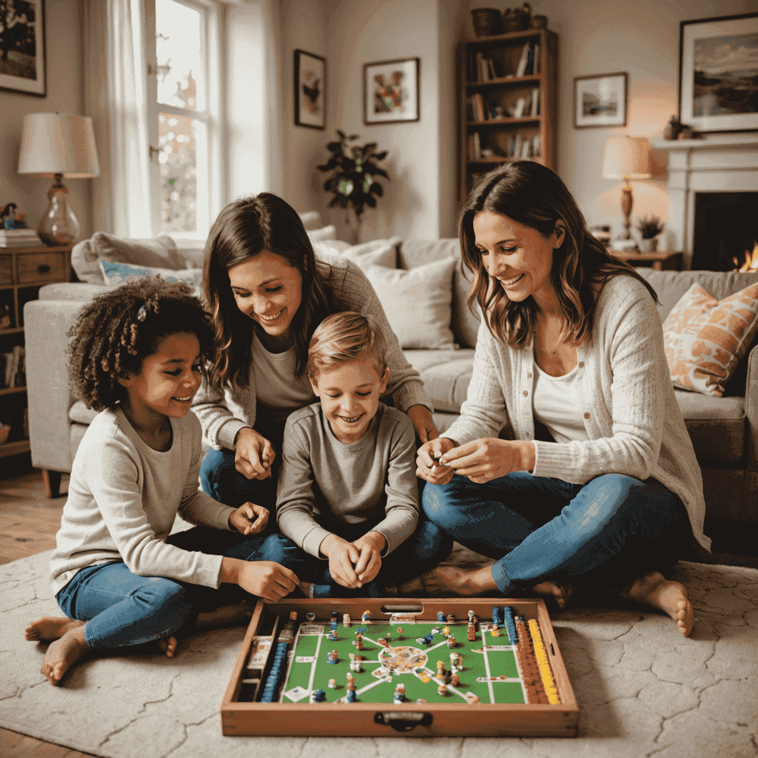 Happy family playing board games together in a cozy living room, with various colorful game boxes visible
