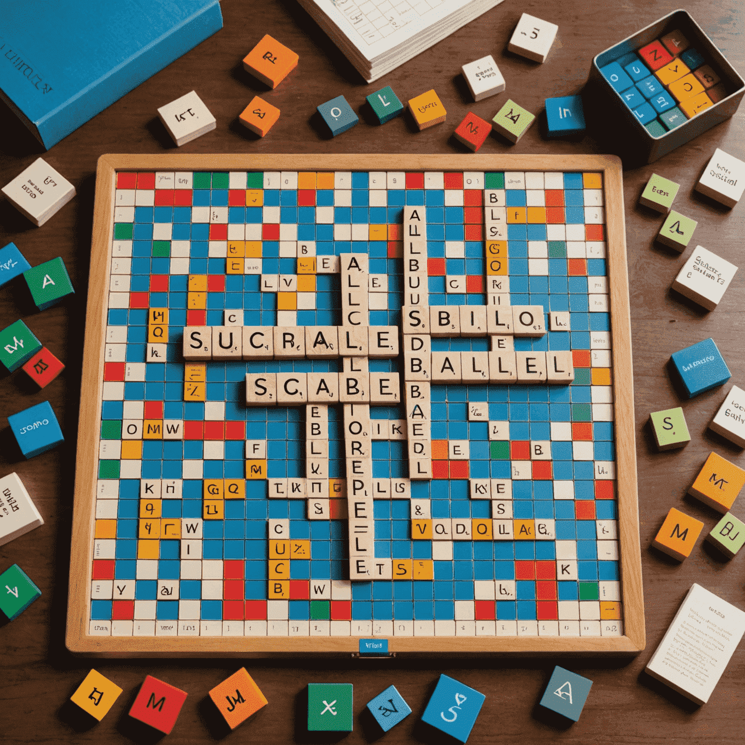 A Scrabble board mid-game with colorful letter tiles forming words, surrounded by dictionaries and notepads, showcasing the game's intellectual and competitive nature