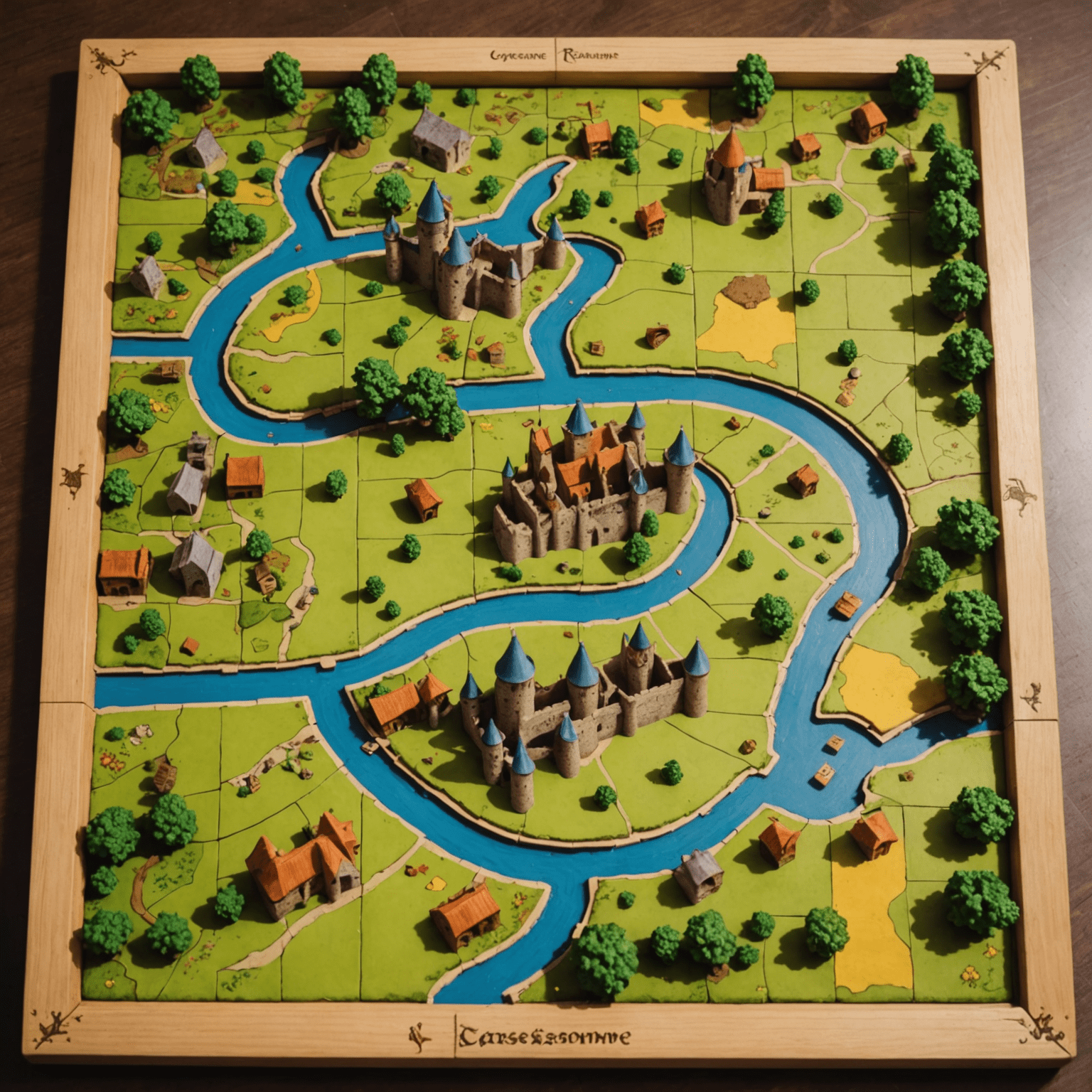 A partially completed Carcassonne game board showing a medieval landscape with castles, roads, and fields. Small wooden meeples are placed on various tiles, showcasing player strategies.