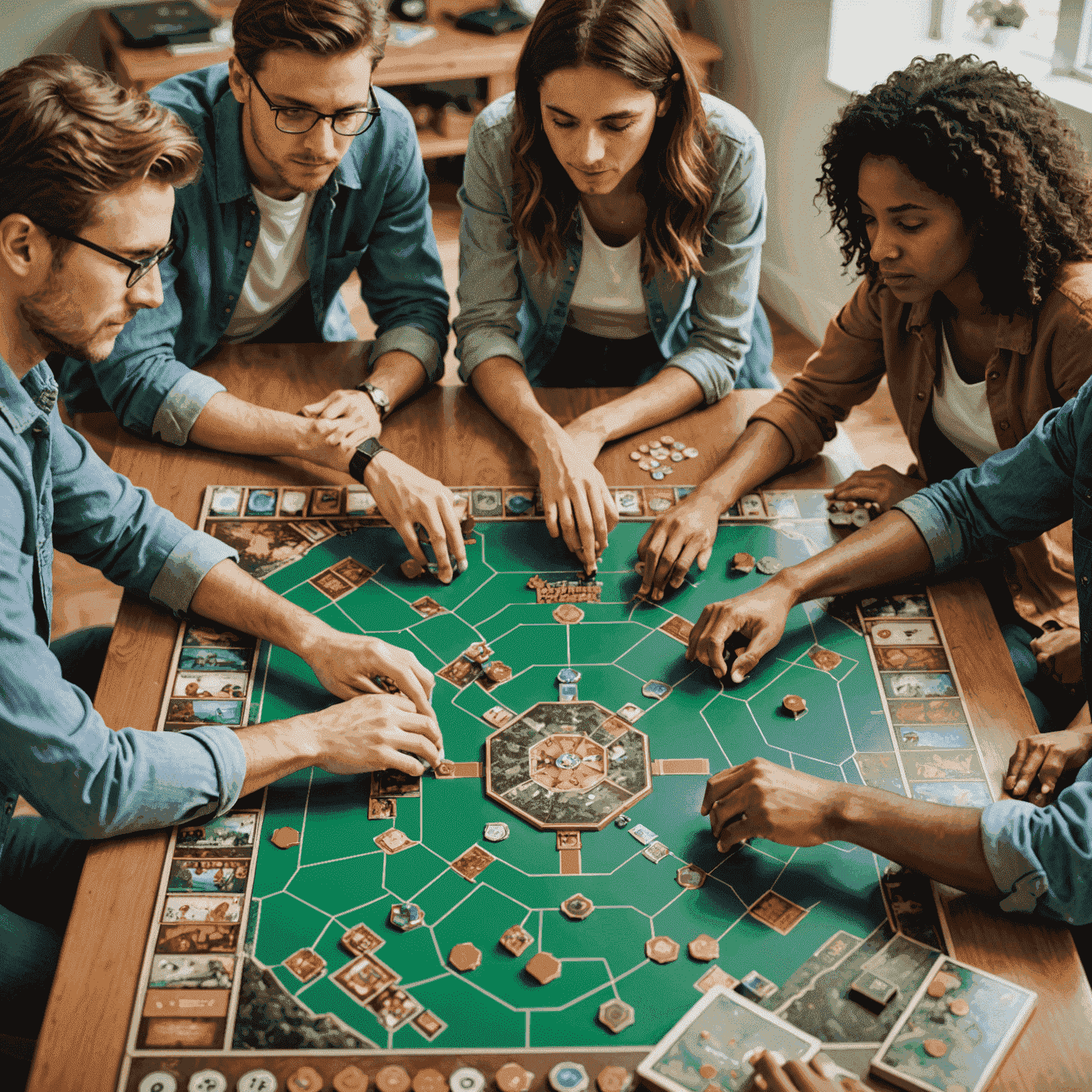 Group of friends working together on a complex cooperative board game, with intense focus and teamwork visible