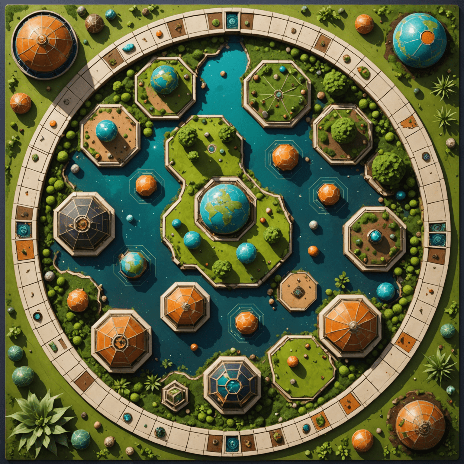 A lush, terraformed Martian landscape game board with elements of traditional Uzbek gardens. Players' pieces resemble a mix of space colonists and Central Asian nomads.