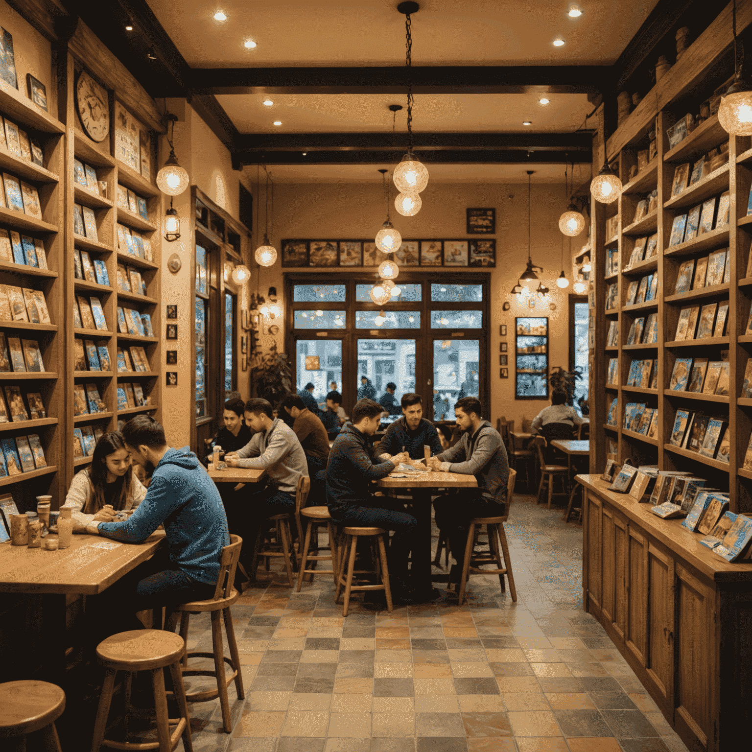 Interior of a cozy board game cafe in Tashkent, with shelves full of games and people enjoying gameplay at tables