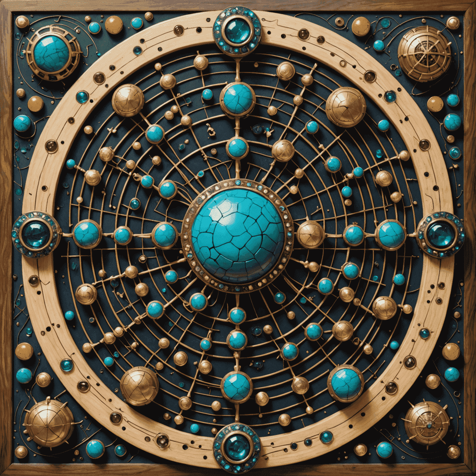 An abstract game board representing neural networks, with playing pieces that look like a fusion of traditional Uzbek jewelry and futuristic cybernetic implants.