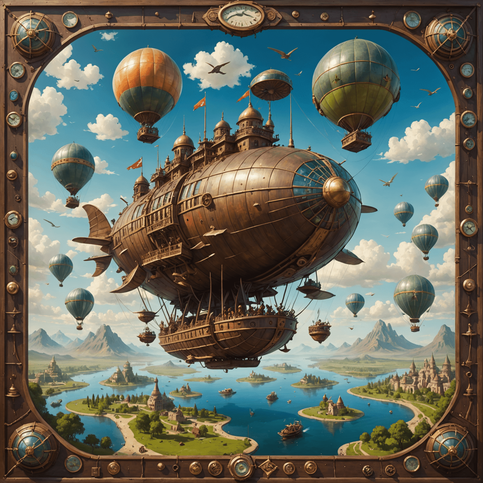 A game board depicting a fantastical airship race course through a sky filled with floating islands. The airships combine elements of traditional Uzbek architecture with steampunk-style mechanics.