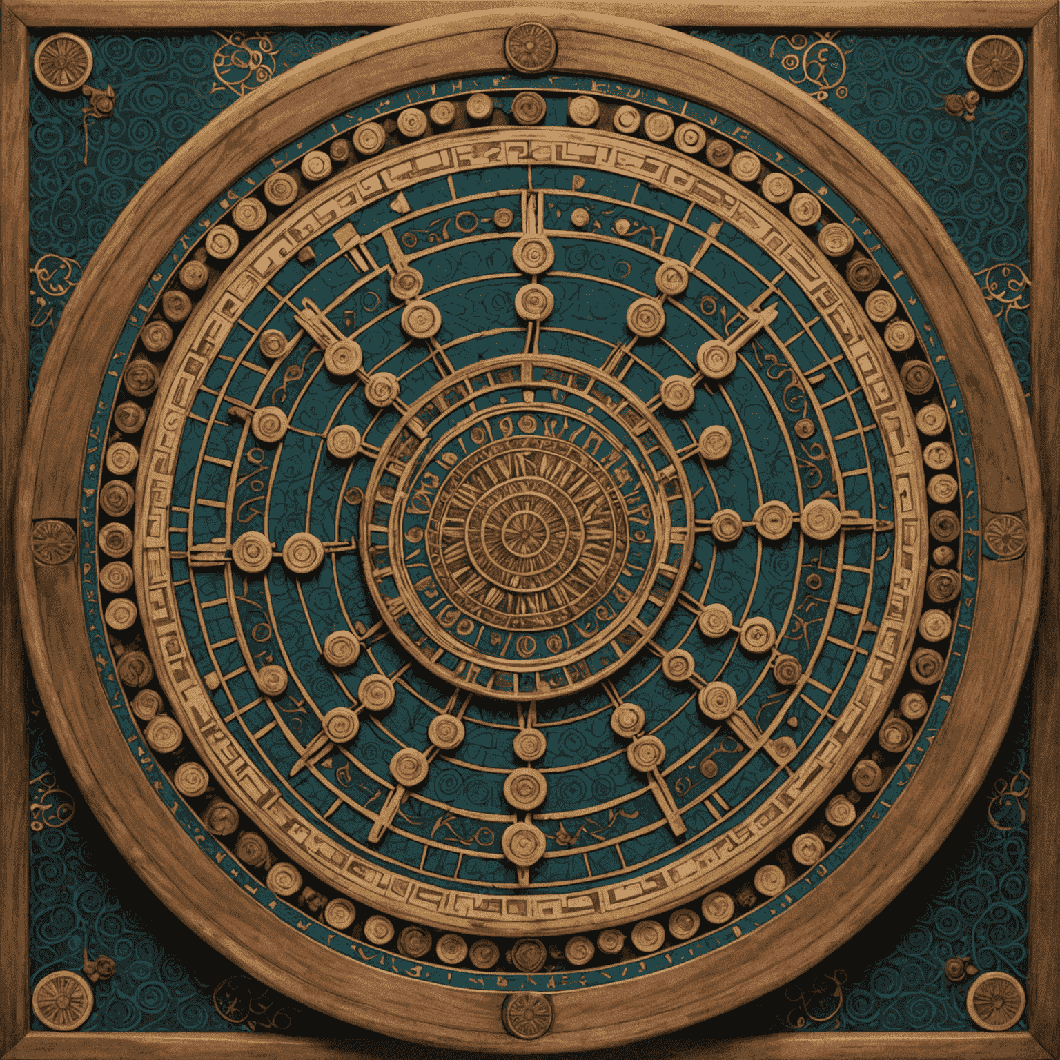 A circular game board resembling both a mandala and a complex computer chip. The playing pieces are small robots adorned with patterns inspired by Uzbek textiles.