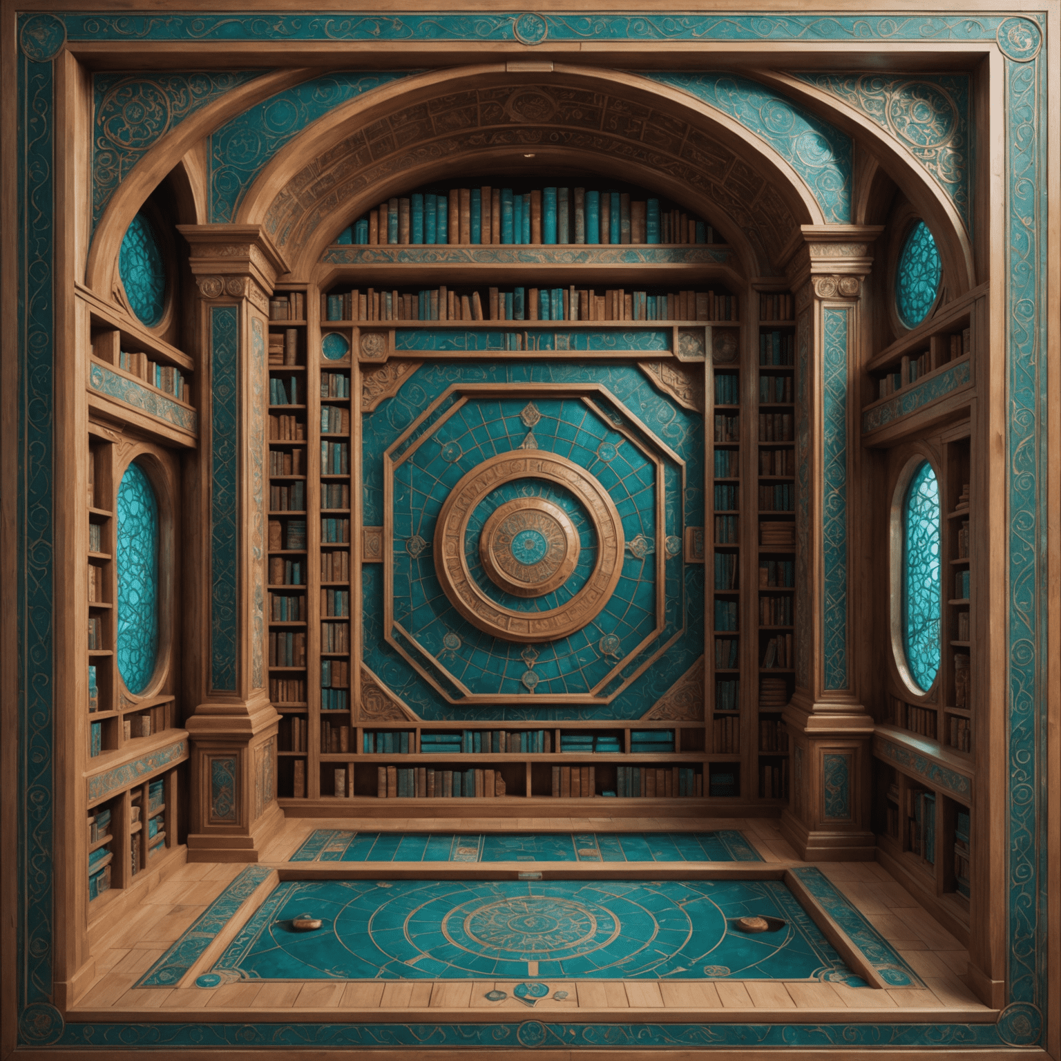 A game board depicting a grand library with holographic books and scrolls. The architecture blends futuristic design with traditional Uzbek motifs.