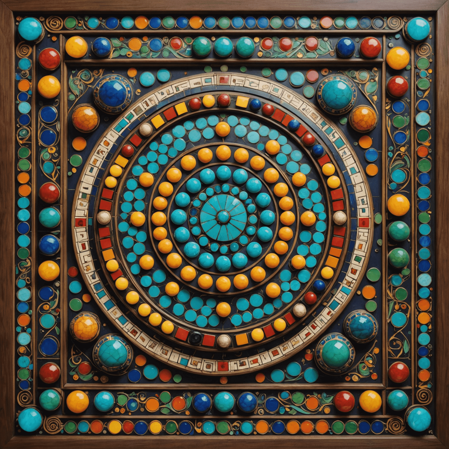 A dynamic game board that shifts and changes, resembling both a traditional Uzbek mosaic and an ever-changing digital display. Player pieces are small, glowing orbs of energy.